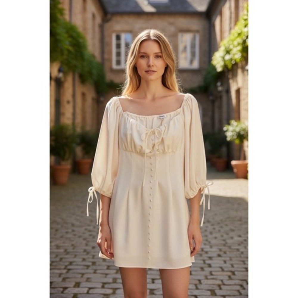 Missguided Milkmaid Puff Sleeve Pearl Button Front Mini Dress White Womens US 12